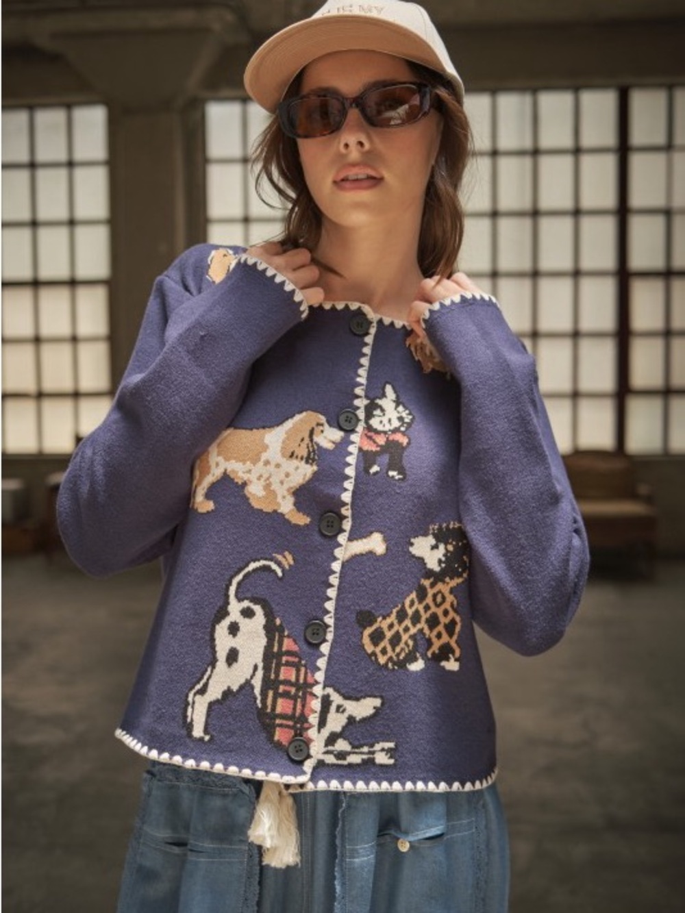 K29. Purple Dog-Print Button Cardigan Sweater